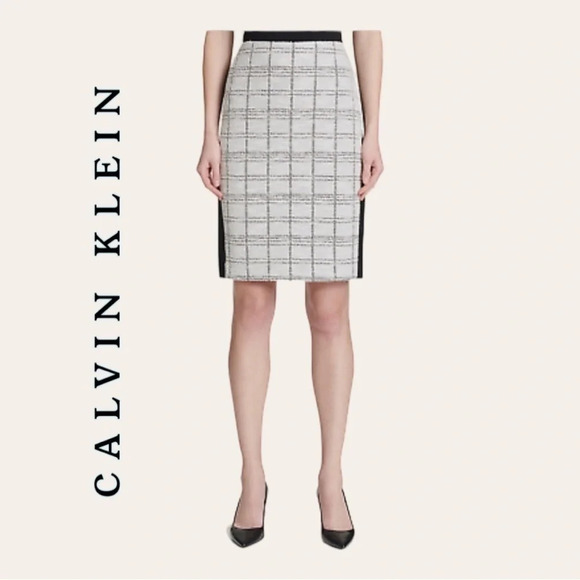 0899. CALVIN KLEIN TWEED PENCIL‎ SKIRT SIZE 6 CREAM/METALLIC SILVER/BLACK - Picture 1 of 12